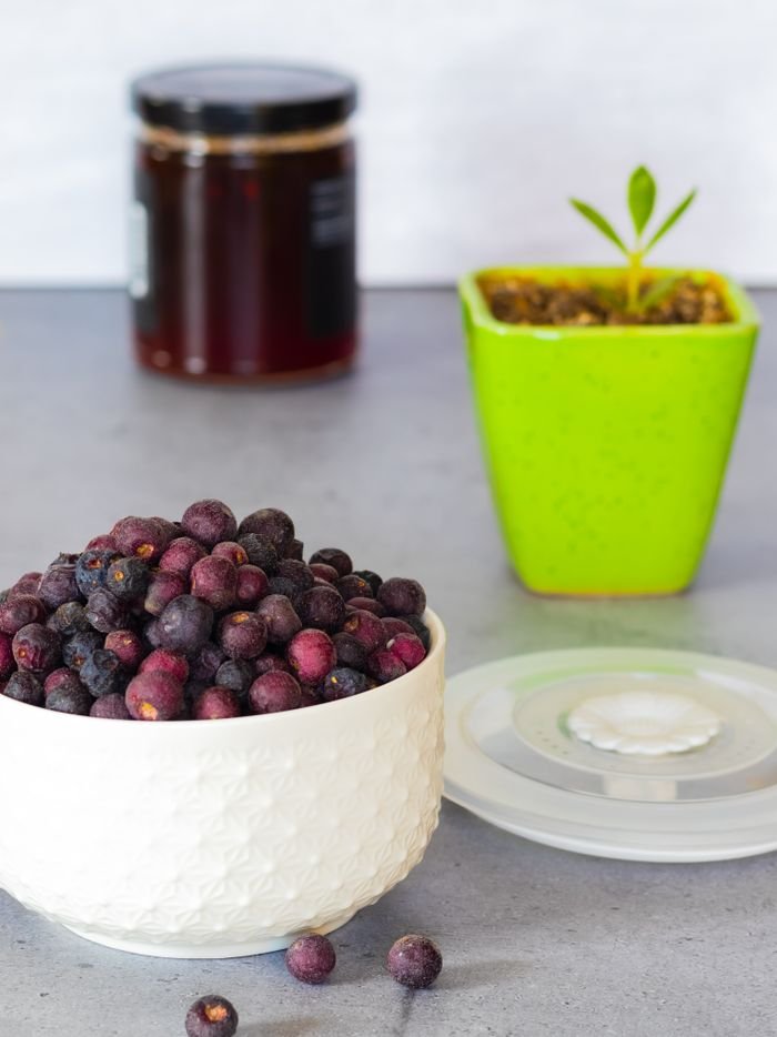 about-us A bowl of fresh phalsa berries on a table with a plant and jar in the background.