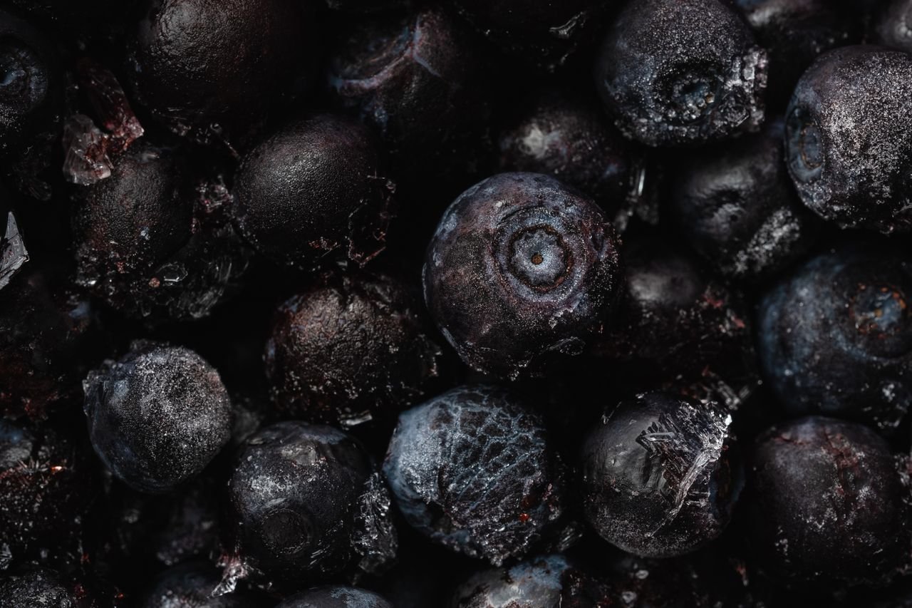 about-us Macro shot of frozen blueberries with frost highlighting texture and depth.
